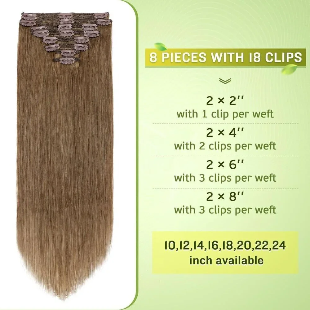 160g Double Weft Clip in 100% Remy Human Hair Extensions Light Brown Grade 7A Qu
